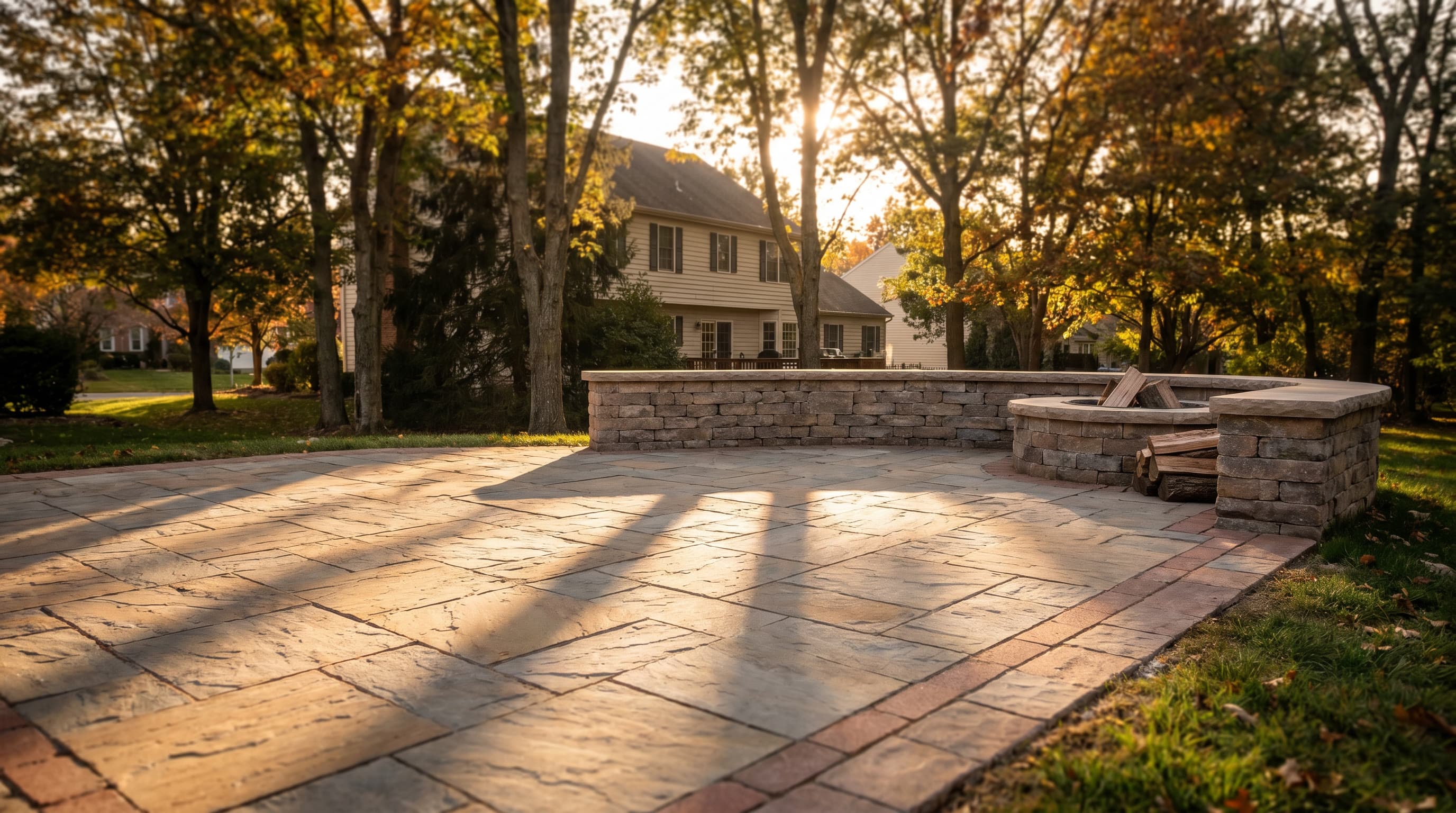 Newly completed natural stone patio and retaining wall at golden hour