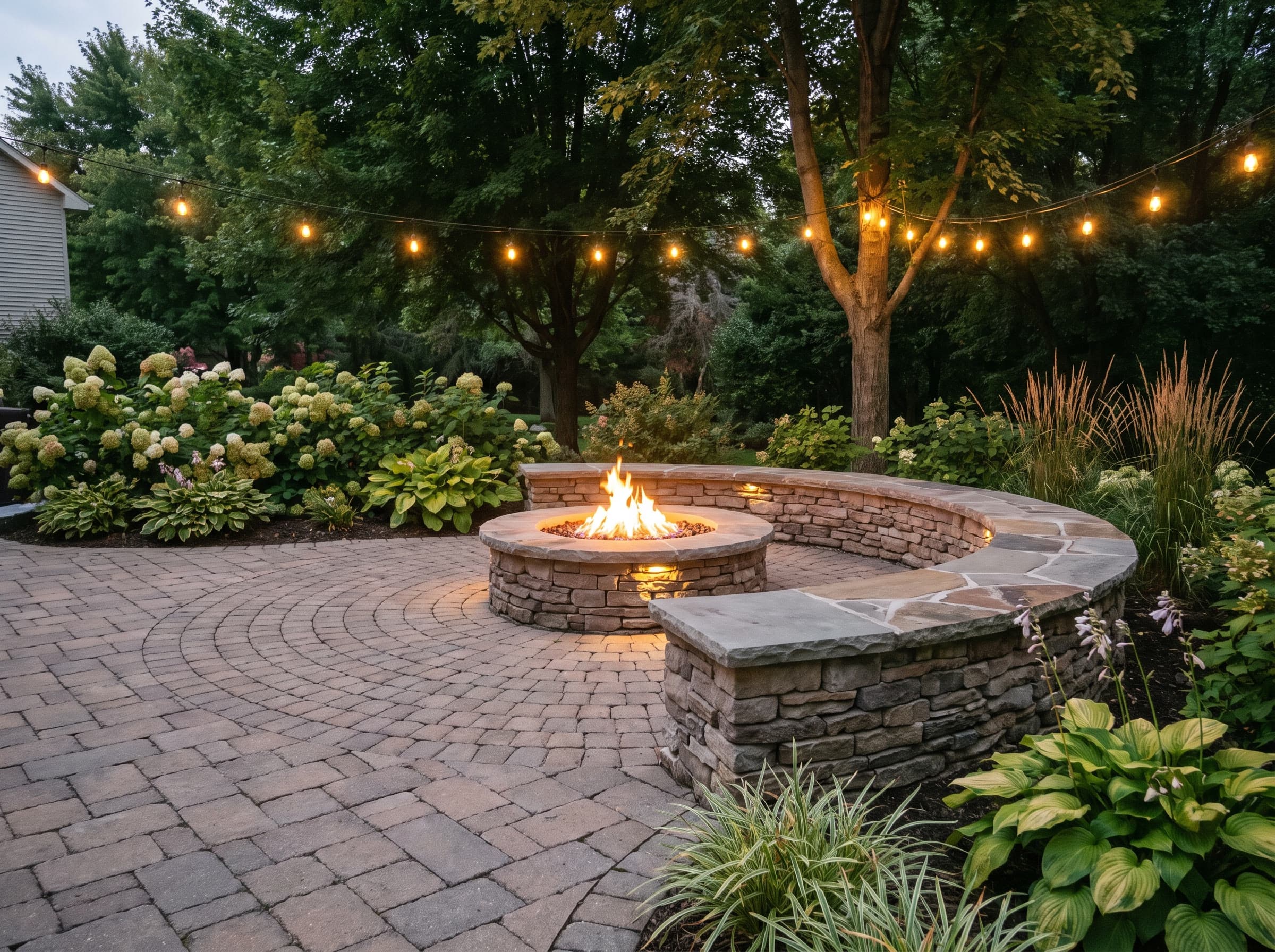 Representative paver patio with a curved seat wall and fire pit